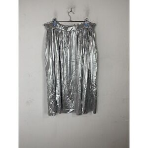 SIMLU Womens Skirt 2X Silver Metallic Pleated Party Cocktail New Years Midi